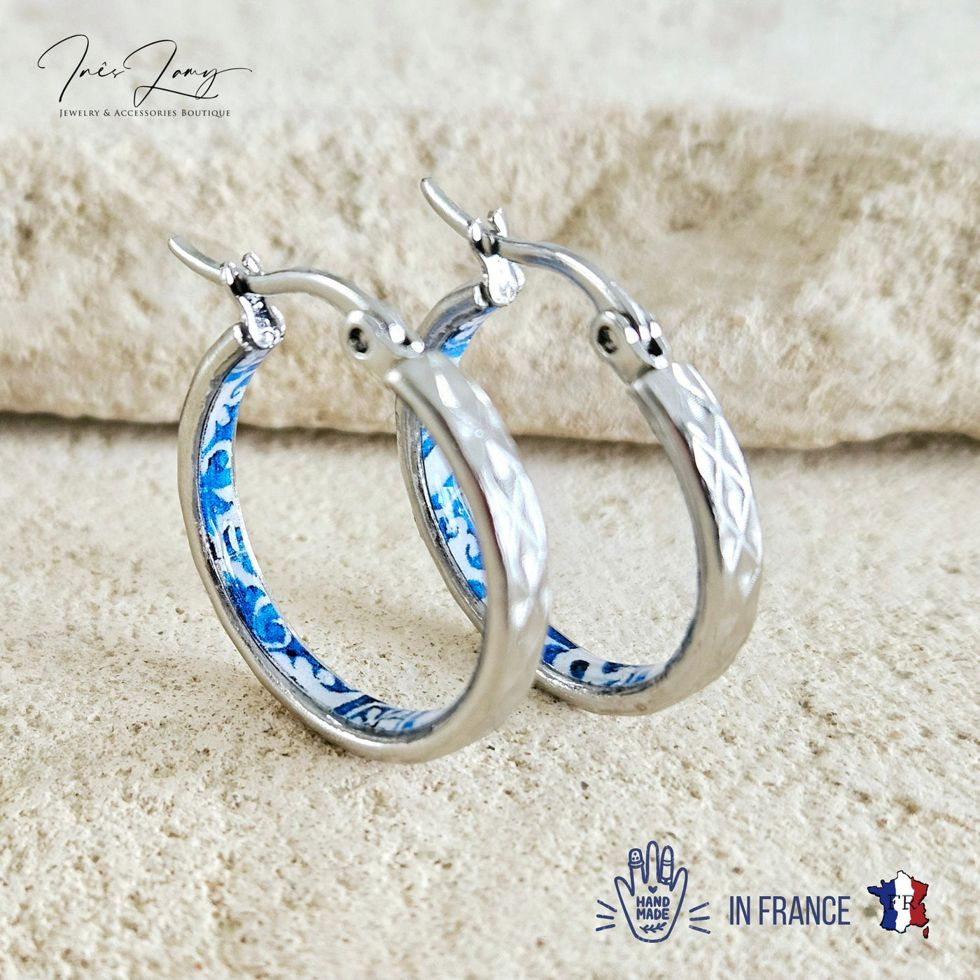 Antique BLUE HOOP Tile Earring Blue Flower Silver STEEL Azulejo Silver Hoops Historical Jewelry Anniversary Women Handmade Fashion Gift