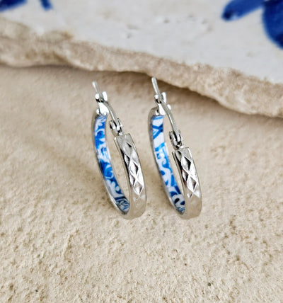 Antique BLUE HOOP Tile Earring Blue Flower Silver STEEL Azulejo Silver Hoops Historical Jewelry Anniversary Women Handmade Fashion Gift