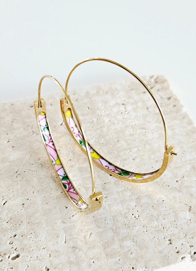 Pink GOLD HOOP Tile Earring Portugal Flat Steel Azulejo PORTO Green Gold Floral Hoop Historical Jewelry Whimsical Portuguese Tile Mom Gift