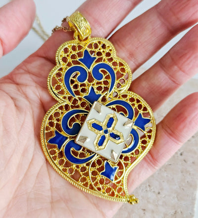 Viana Heart azulejo pendant, Portugal azulejo jewelry, Gold Viana heart pendant, blue enamel filigree oversized heart, Large Gold necklace