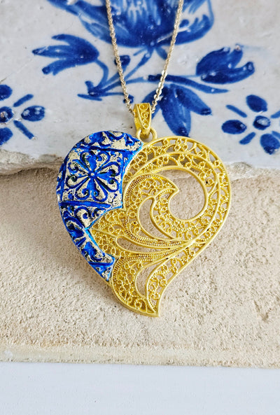 Statement Filigree Heart Gold Necklace Viana Heart Azulejo Pendant Portugal Jewelry Flower Blue Enamel Large Gold Necklace Valentine's Gift
