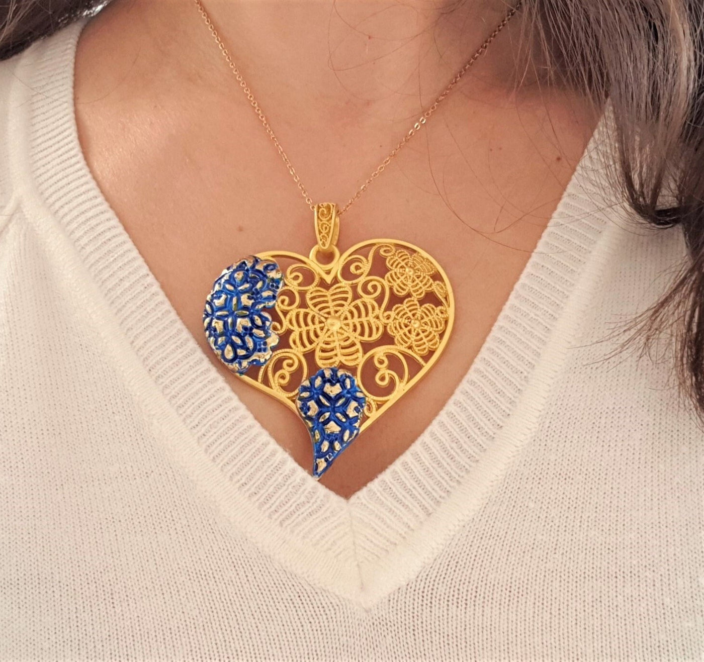 Filigree Heart Gold Statement Necklace Viana Heart Azulejo Pendant Portugal Clay Jewelry Flower Blue Enamel Gold Necklace Valentine's Gift