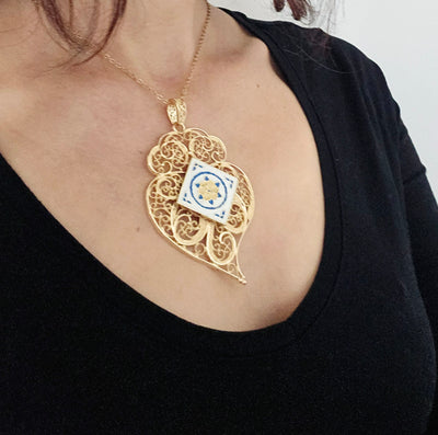 Filigree Heart Gold Necklace Viana Heart Azulejo Pendant Portugal Jewelry Flower Blue White Enamel Tile Large Gold Necklace Valentine's Gift