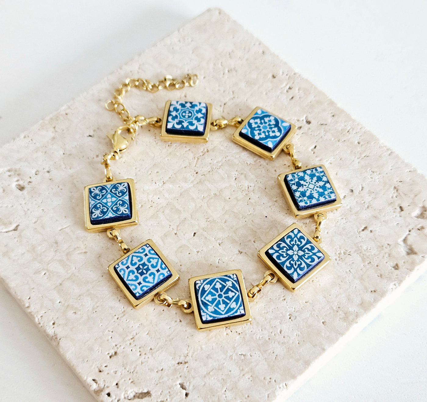 GOLD Portugal Blue Modern Tile STEEL Bracelet Small Square Azulejos Bracelet Adjustable Size Gold Bracelet Handmade Birthday Gift for Her