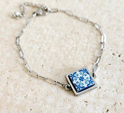 Portugal Blue Tile Charm PAPERCLIP Bracelet Small Square Azulejo Silver STEEL Bracelet Mom Handmade Birthday Gift for Her Stackable Bracelet