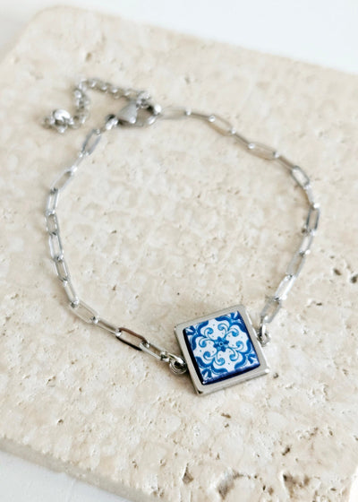 Portugal Blue Tile Charm PAPERCLIP Bracelet Small Square Azulejo Silver STEEL Bracelet Mom Handmade Birthday Gift for Her Stackable Bracelet