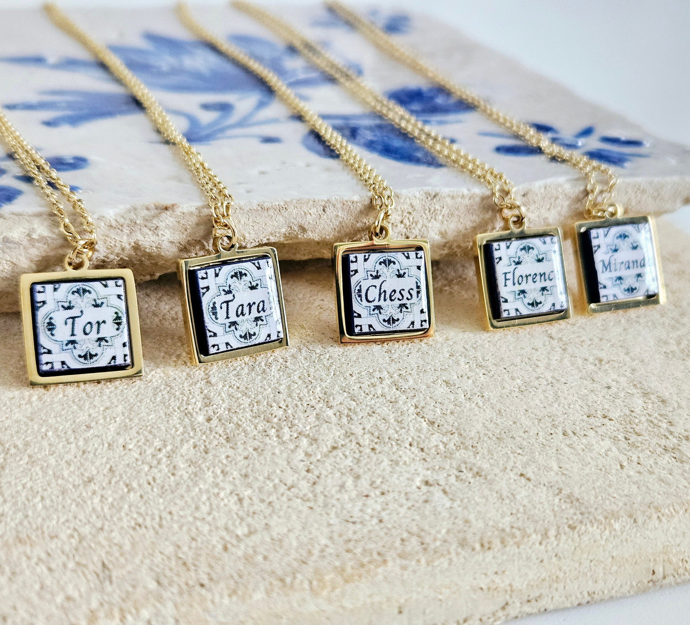 Custom Name Necklace Portugal Tile Gold Necklace Gift Personalized Handmade Script Letter Name Necklace Jewelry Blue White Azulejo Pendant