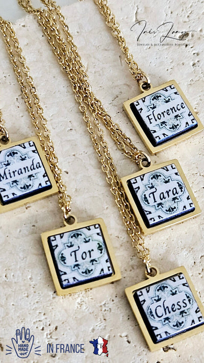 Custom Name Necklace Portugal Tile Gold Necklace Gift Personalized Handmade Script Letter Name Necklace Jewelry Blue White Azulejo Pendant