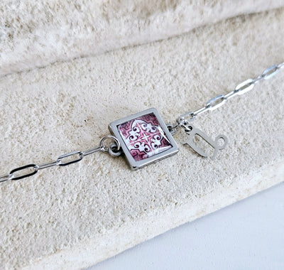 Personalized Tile Charm Bracelet Zodiac Sign Small Square Portuguese Azulejo Silver STEEL Bracelet Handmade Birthday Gift Paperclip Bracelet