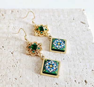 Green Baroque Royal Dangle Earring Majolica Emerald Tile Earring Handmade Diamond Square Jewelry Gift Boho Gift for Mom Travel Memorial Gift
