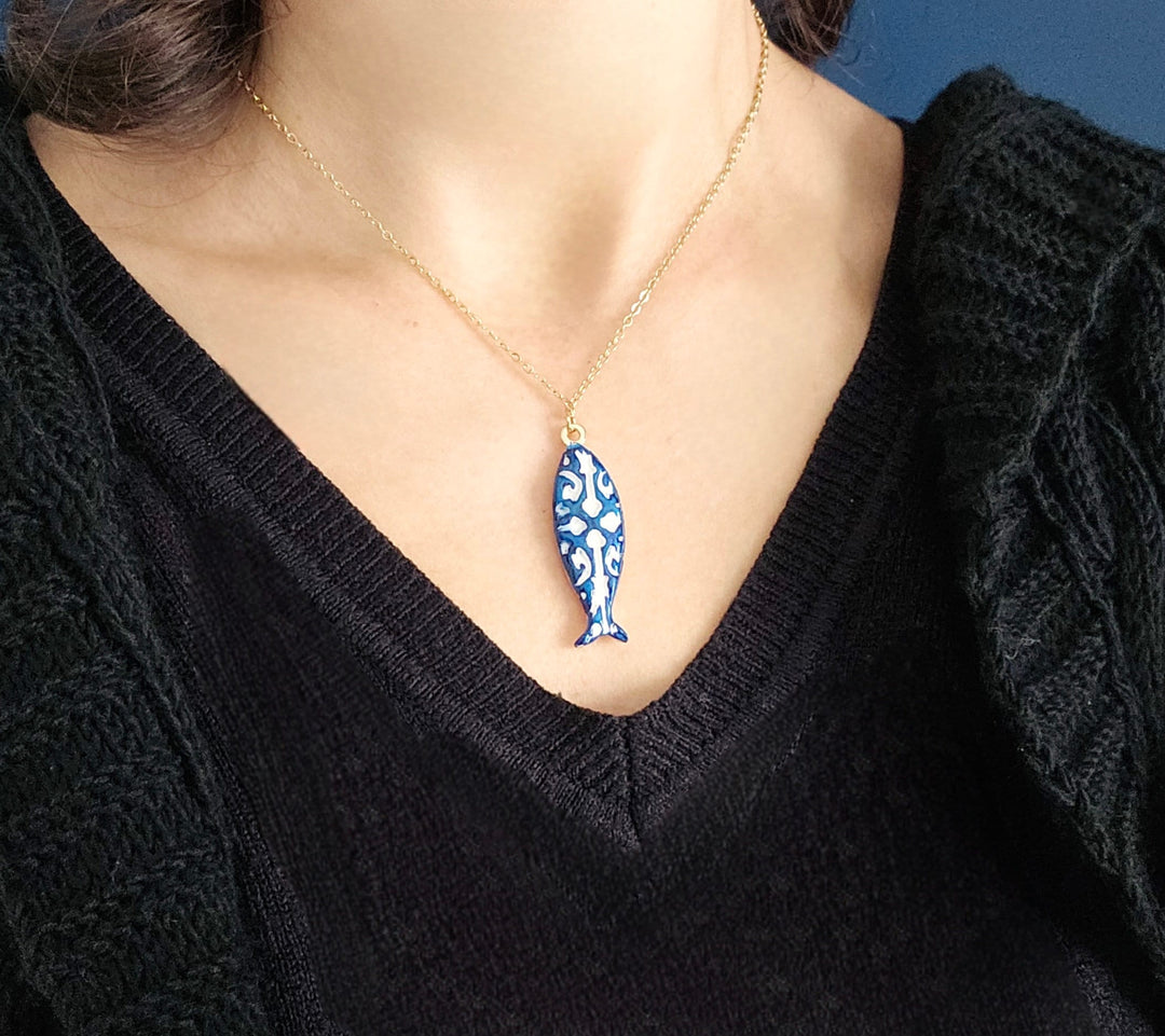 ceramic box in fish shape with necklace inside Portuguese Tile Sardine Necklace – ineslamy