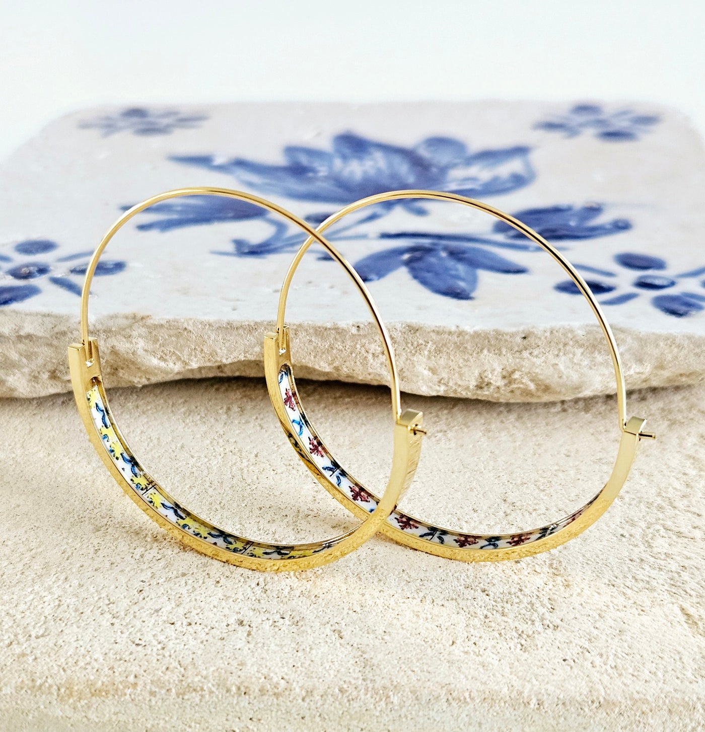 GOLD Antique Retro Tile HOOP Earring Portugal Lightweight STEEL Azulejo Gold Hoop Historical Jewelry Birthday Gift Women Portuguese Mom Gift
