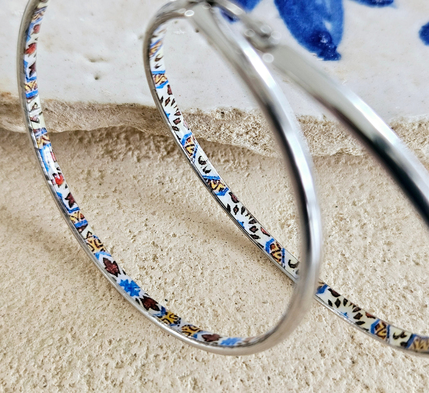 Brown Blue Flat HOOP Tile Earring Portugal Silver STEEL Azulejo Delicate Large Hoop Historical Jewelry Travel Gift Portuguese White Tile