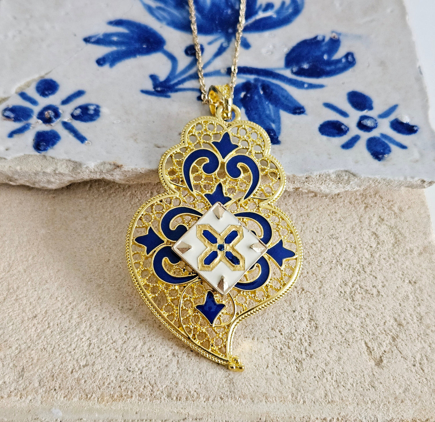 Viana Heart azulejo pendant, Portugal azulejo jewelry, Gold Viana heart pendant, blue enamel filigree oversized heart, Large Gold necklace