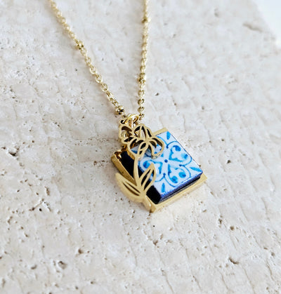 Flower Birth Necklace Portugal Tile Charm Pendant GOLD STEEL Custom Personalized Filigree Flower Charm Gold Portugal Necklace Birthday Gift