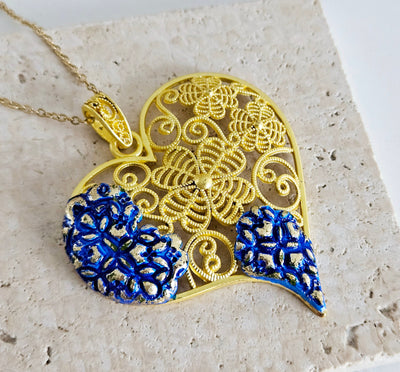 Filigree Heart Gold Statement Necklace Viana Heart Azulejo Pendant Portugal Clay Jewelry Flower Blue Enamel Gold Necklace Valentine's Gift