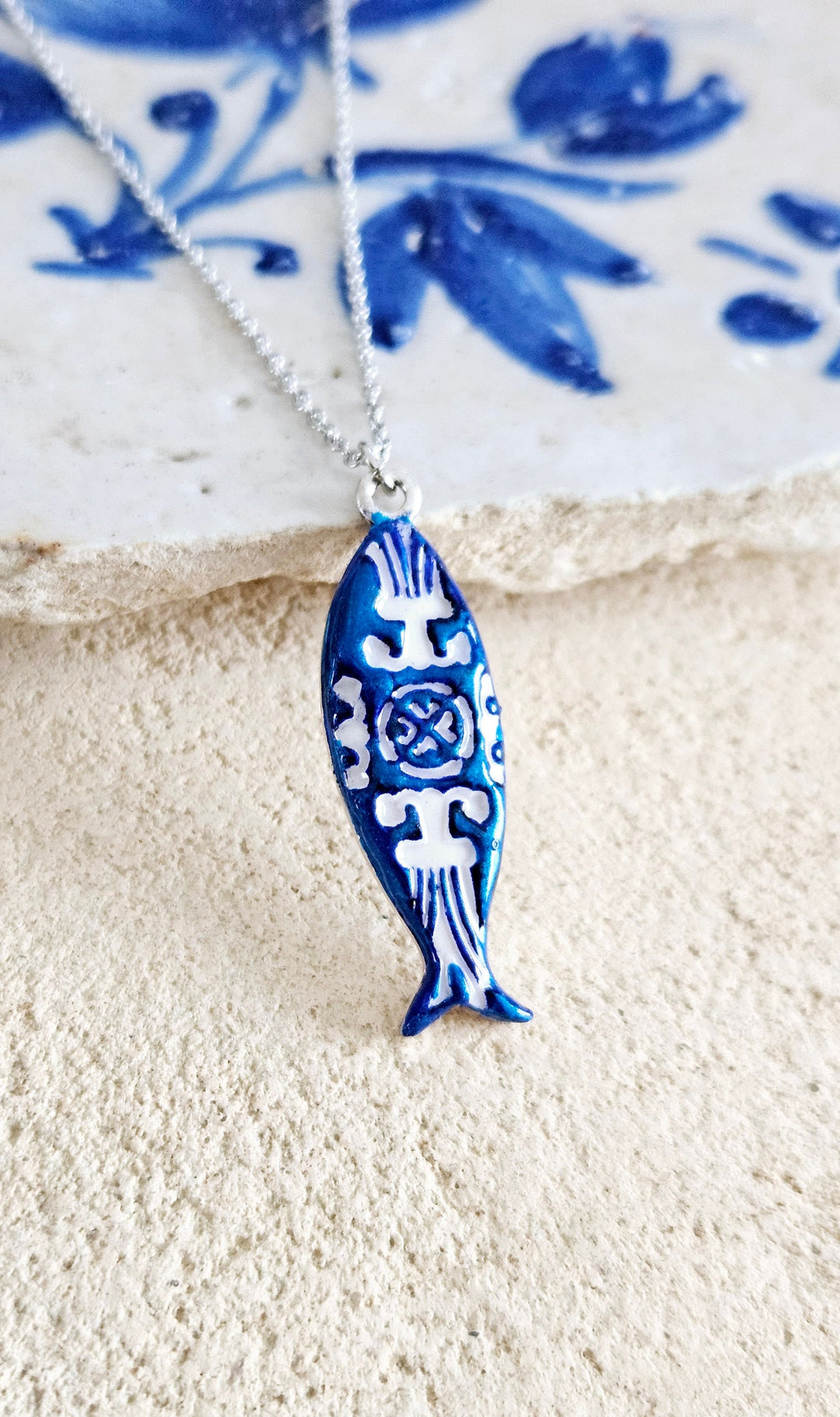 ceramic box in fish shape with necklace inside Portuguese Tile Sardine Necklace – ineslamy