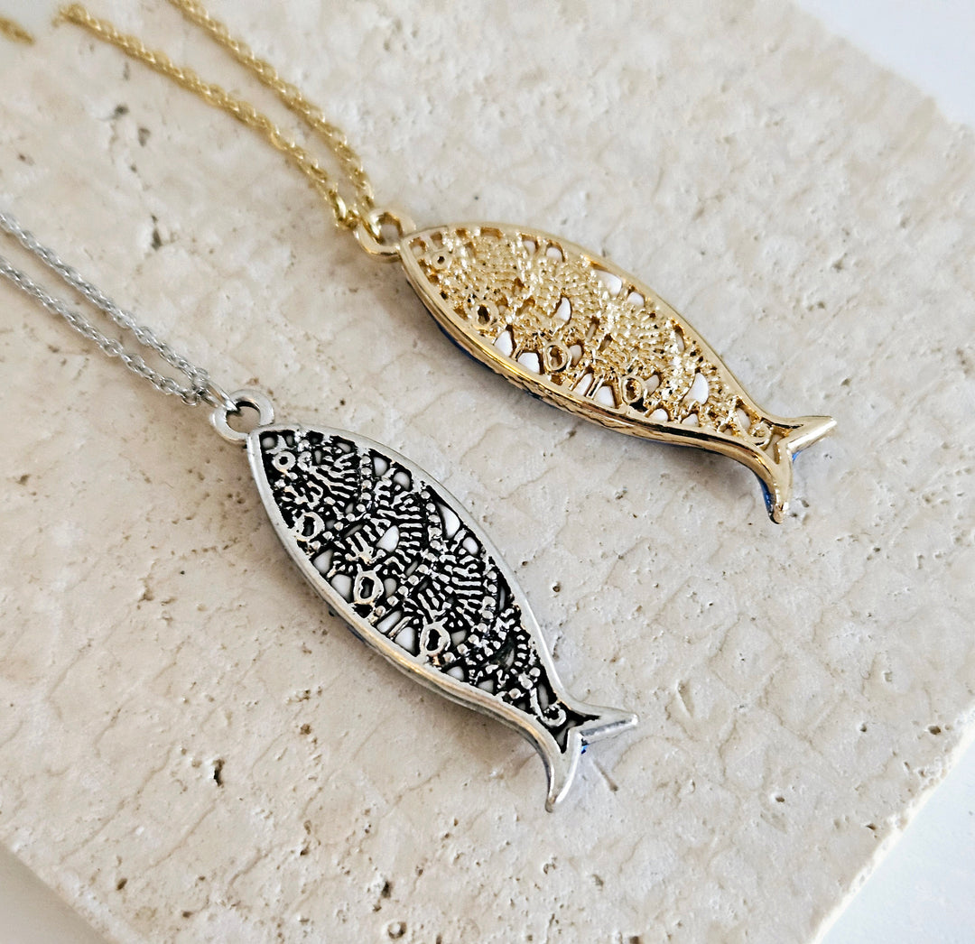 ceramic box in fish shape with necklace inside Portuguese Tile Sardine Necklace – ineslamy