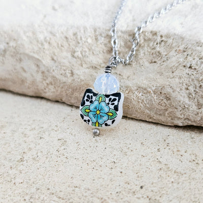 Mexican Tile Cat Charm Pendant Mother Pearl Spanish Jewelry Talavera Tile Blue Flower Steel Moonstone Pearl Cat Mom Gift Handmade Woman Gift