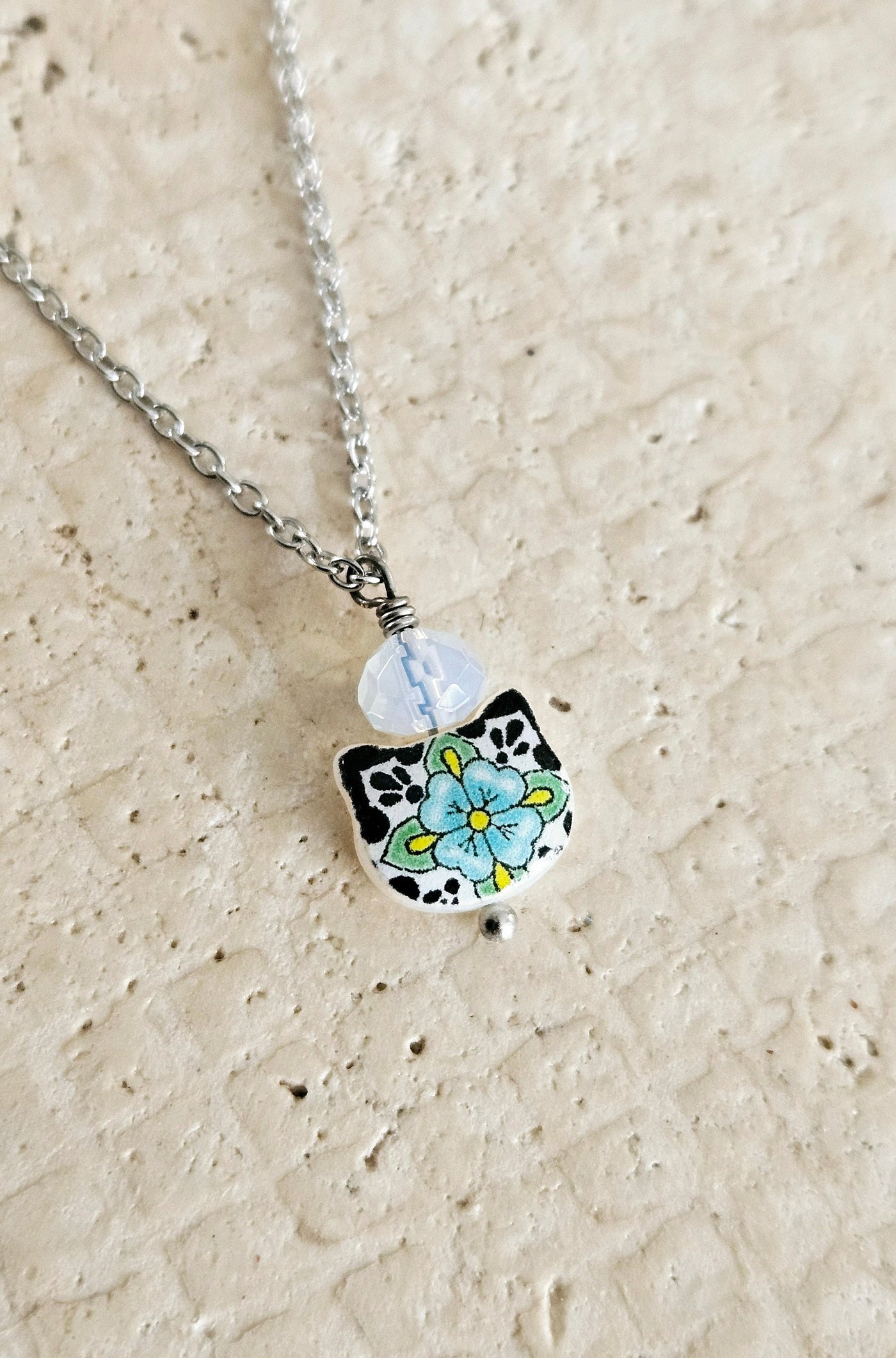 Mexican Tile Cat Charm Pendant Mother Pearl Spanish Jewelry Talavera Tile Blue Flower Steel Moonstone Pearl Cat Mom Gift Handmade Woman Gift