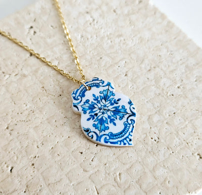 Minho Tile Heart Necklace Portuguese Blue White Tile Azulejo Gold Steel Pendant Portugal Gift Handmade Souvenir Travel Mom Gift for Woman