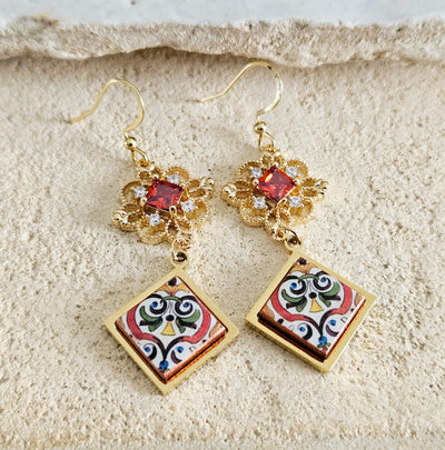 RED Baroque Royal Dangle Earring Majolica Portugal Tile GOLD Earring Handmade Diamond Square Jewelry Boho Gift for Mom Travel Souvenir Gift