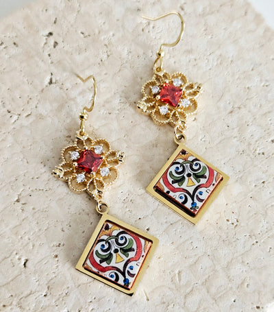 RED Baroque Royal Dangle Earring Majolica Portugal Tile GOLD Earring Handmade Diamond Square Jewelry Boho Gift for Mom Travel Souvenir Gift