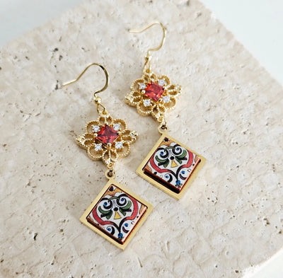 RED Baroque Royal Dangle Earring Majolica Portugal Tile GOLD Earring Handmade Diamond Square Jewelry Boho Gift for Mom Travel Souvenir Gift