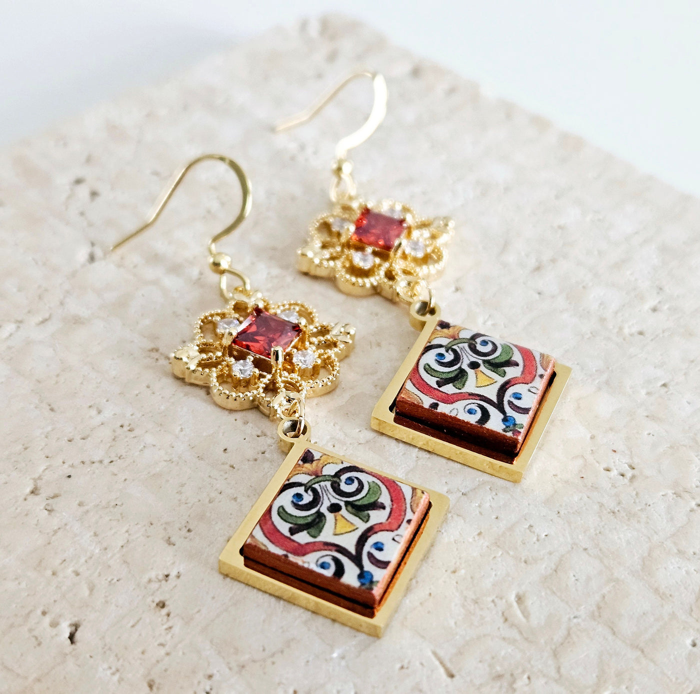 RED Baroque Royal Dangle Earring Majolica Portugal Tile GOLD Earring Handmade Diamond Square Jewelry Boho Gift for Mom Travel Souvenir Gift