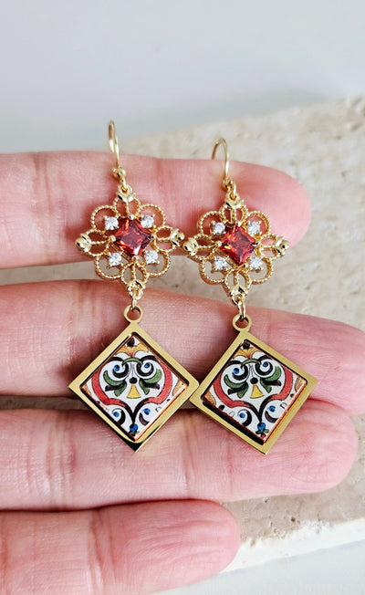 RED Baroque Royal Dangle Earring Majolica Portugal Tile GOLD Earring Handmade Diamond Square Jewelry Boho Gift for Mom Travel Souvenir Gift