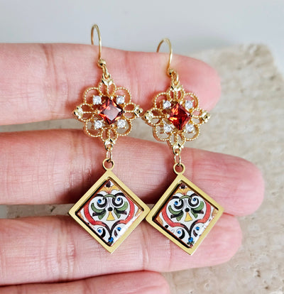 RED Baroque Royal Dangle Earring Majolica Portugal Tile GOLD Earring Handmade Diamond Square Jewelry Boho Gift for Mom Travel Souvenir Gift