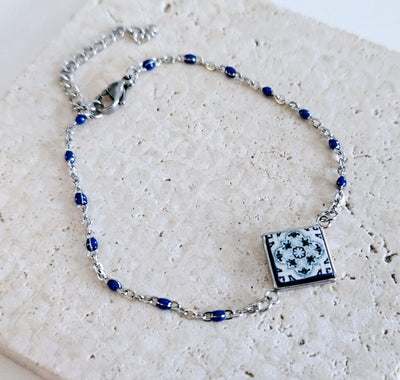 Blue Portuguese Tile Charm Bracelet Small Square Azulejo Silver STEEL Bracelet Mom Handmade Birthday Gift Blue Resin Beaded Chain Bracelet