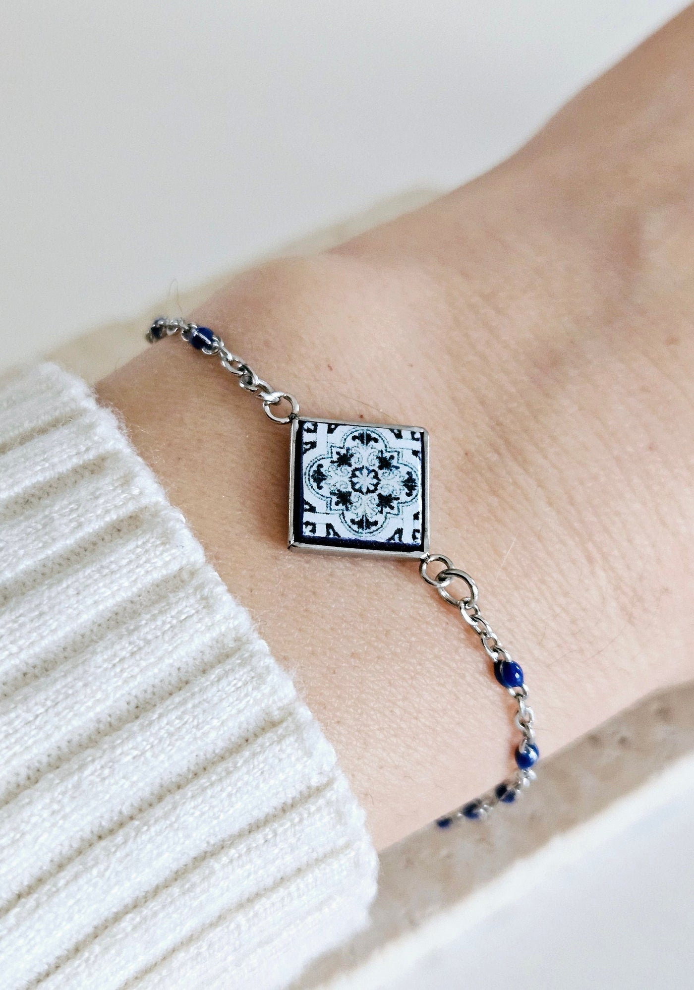 Blue Portuguese Tile Charm Bracelet Small Square Azulejo Silver STEEL Bracelet Mom Handmade Birthday Gift Blue Resin Beaded Chain Bracelet