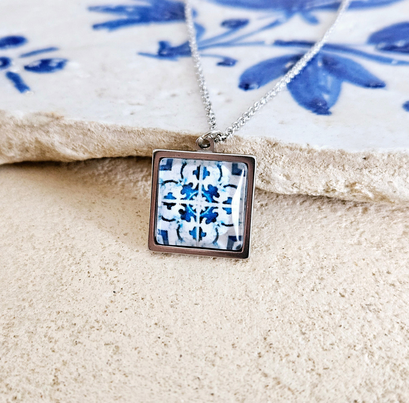 Lisbon Tile Charm STEEL Necklace Portuguese Blue White Tile Azulejo Silver Pendant Square Necklace Tile Portugal Gift Handmade Souvenir