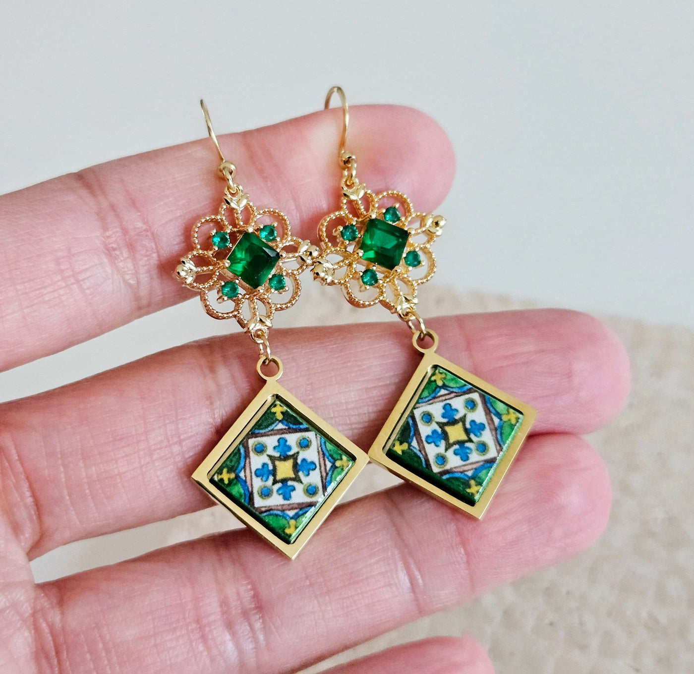 Green Baroque Royal Dangle Earring Majolica Emerald Tile Earring Handmade Diamond Square Jewelry Gift Boho Gift for Mom Travel Memorial Gift