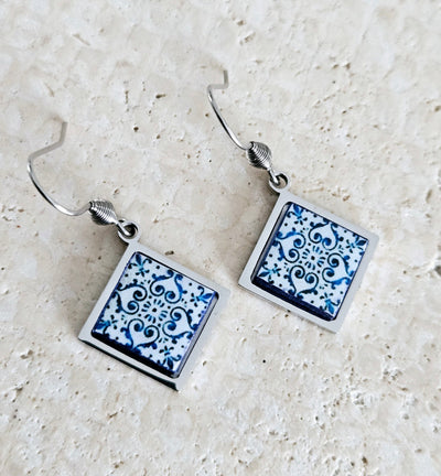 Blue Tile Diamond Shape Earring Silver Steel Dangle Earring Majolica Tile Earring Handmade Jewelry Gift Boho Earring Mom Gift Travel Gift