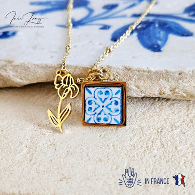 Flower Birth Necklace Portugal Tile Charm Pendant GOLD STEEL Custom Personalized Filigree Flower Charm Gold Portugal Necklace Birthday Gift