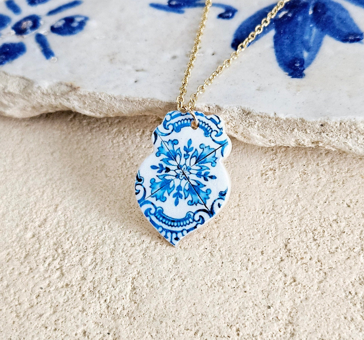 Minho Tile Heart Necklace Portuguese Blue White Tile Azulejo Gold Steel Pendant Portugal Gift Handmade Souvenir Travel Mom Gift for Woman