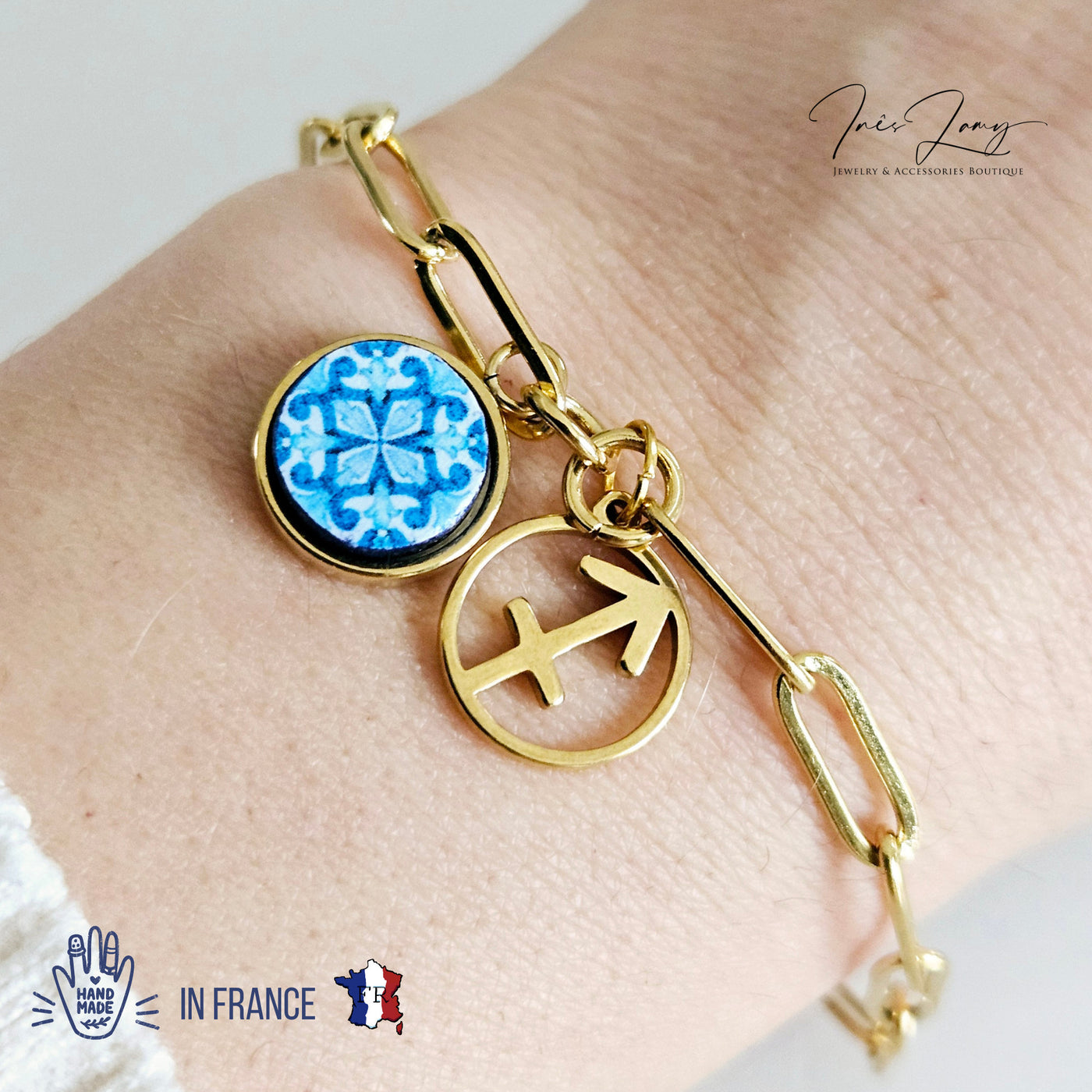 Tile Charm GOLD Bracelet Custom Zodiac Sign Small Round Portuguese Azulejo Silver STEEL Bracelet Handmade Birthday Gift Paperclip Bracelet