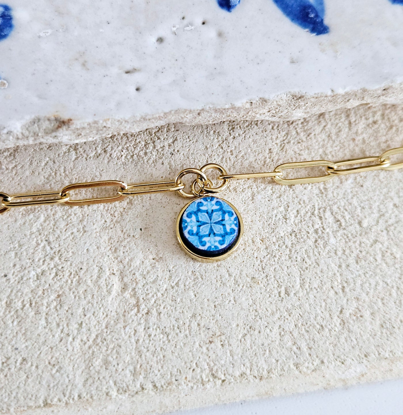 Tile Charm GOLD Bracelet Custom Zodiac Sign Small Round Portuguese Azulejo Silver STEEL Bracelet Handmade Birthday Gift Paperclip Bracelet