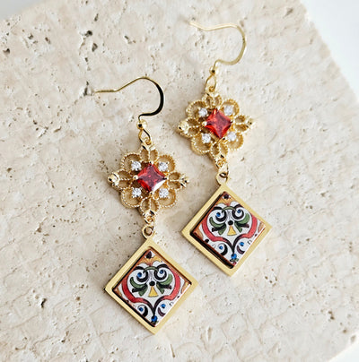 RED Baroque Royal Dangle Earring Majolica Portugal Tile GOLD Earring Handmade Diamond Square Jewelry Boho Gift for Mom Travel Souvenir Gift