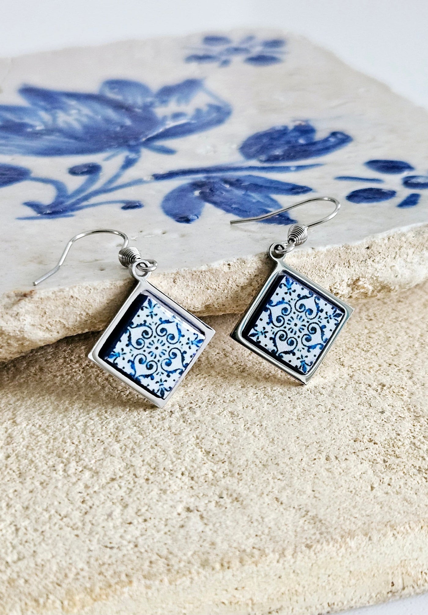 Blue Tile Diamond Shape Earring Silver Steel Dangle Earring Majolica Tile Earring Handmade Jewelry Gift Boho Earring Mom Gift Travel Gift