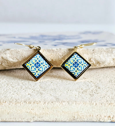 Diamond Shape GOLD Tile Earring Steel Dangle Earring Majolica Yellow Blue Tile Earring Handmade Jewelry Gift Mother Day Portugal Travel Gift