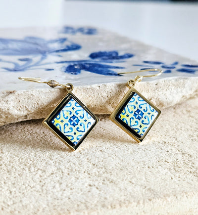 Diamond Shape GOLD Tile Earring Steel Dangle Earring Majolica Yellow Blue Tile Earring Handmade Jewelry Gift Mother Day Portugal Travel Gift