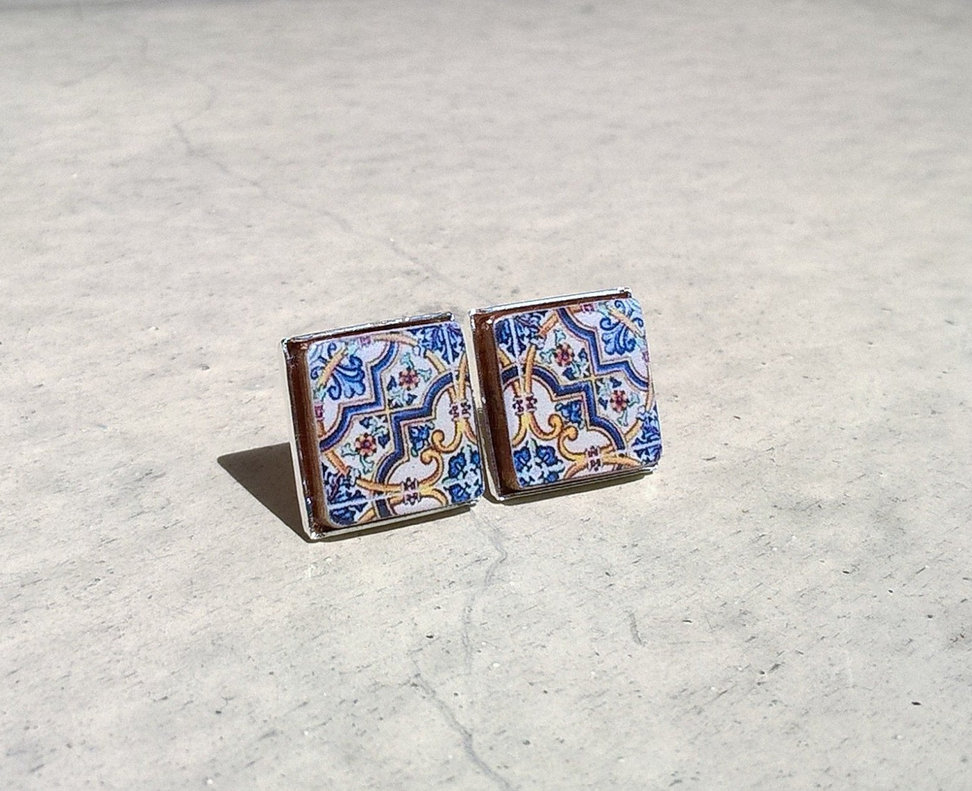 MARCELLA - Antique Blue Tile Stud Earrings - ineslamy