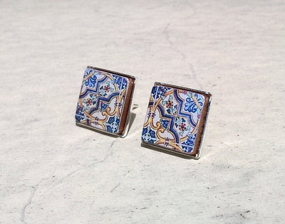 MARCELLA - Antique Blue Tile Stud Earrings - ineslamy